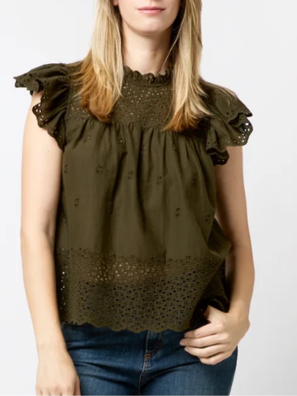 Ulla Johnson Kassi Top in Military Green Eyelet Embroidery flutter sleeve Size 0